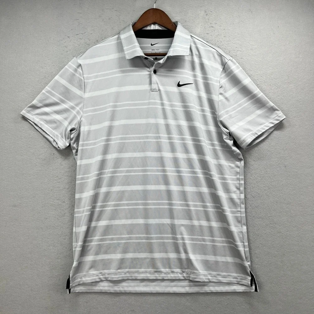 Nike Polo Shirt Mens Large Grey White Striped Dri-FIT Golf Performance Active
